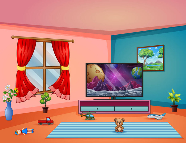 Интерьер гостиной с телевизором и детскими игрушками на ковре - Вектор,изображение