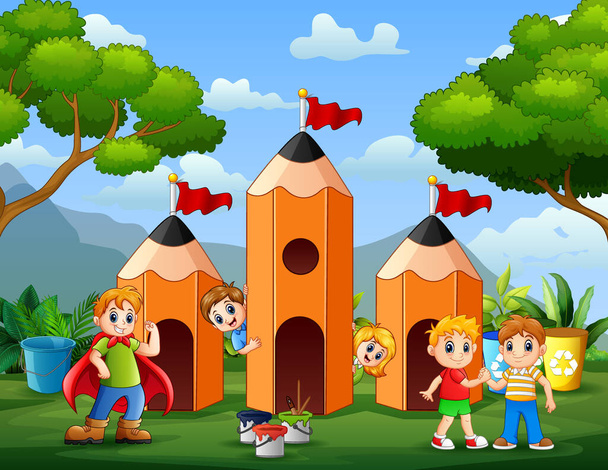 Cute children playing at pencil house illustration - Vector, Image