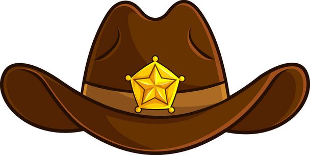 Cartoon Old Western Sheriff Hat With Gold Star. Raster Hand Drawn Illustration Isolated On Transparent Background - Vector, Image
