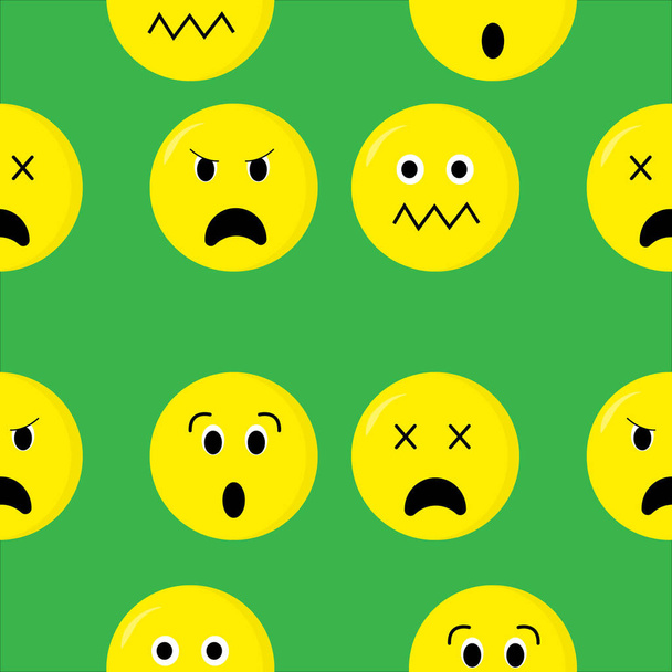 Um padrão de um conjunto de imagens vetoriais com emoções diferentes. Emoticons insatisfeitos em um fundo verde - Foto, Imagem