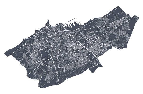 Casablanca térkép. Casablanca város közigazgatási területének részletes vektortérképe. Városkép plakát nagyvárosi ária kilátás. Sötét föld fehér utcákkal, utakkal és utakkal. Fehér háttér. - Vektor, kép