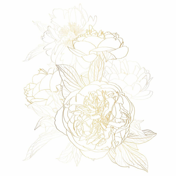 Παιώνιες χρυσό περίγραμμα μπουκέτο σε λευκό φόντο. Άνοιξη καλοκαίρι λουλούδια στοιχεία σχεδιασμού. Φύλλα, άνθη και κλαδιά. - Διάνυσμα, εικόνα