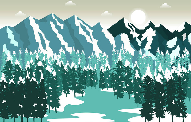 Winter Schnee Berg Gipfel Kiefer Natur Landschaft Abenteuer Illustration - Vektor, Bild