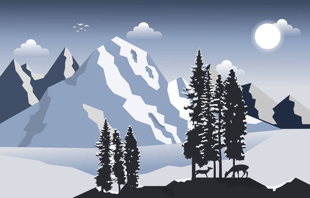 Herten Mountain Peak Pine Bomen Natuur landschap Avontuur Illustratie - Vector, afbeelding