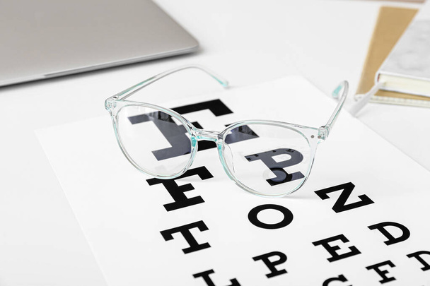 Stílusos szemüveg szemvizsgálat diagram az asztalon, közelkép - Fotó, kép
