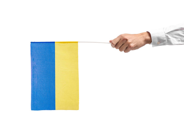 Férfi kéz zászló Ukrajna fehér háttér - Fotó, kép