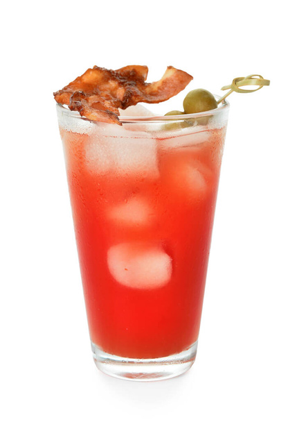 Glass of bloody mary cocktail garnished with bacon on white background - Photo, Image