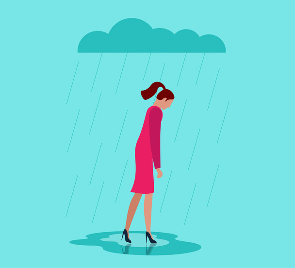 Onneton masentunut yksinäisyys surullinen nainen stressaantunut negatiivinen tunne ongelma kävely sadepilven alla. Yksin luuseri nainen henkilö masennus. Yksinäisyys ja huonoja tunteita pilvinen sää käsite - Vektori, kuva