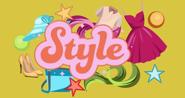 Composition of style text on green background. fashion and beauty accessories background pattern concept digital image. - Zdjęcie, obraz