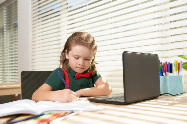 Serious school boy concentrated on drawing when sitting near laptop at home. - Zdjęcie, obraz