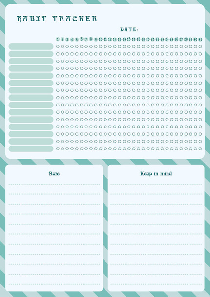Habit Tracker, Notas, Recordatorios, Verde, Plantilla mensual en blanco Cuaderno en blanco página A4 para el organizador - Vector, imagen