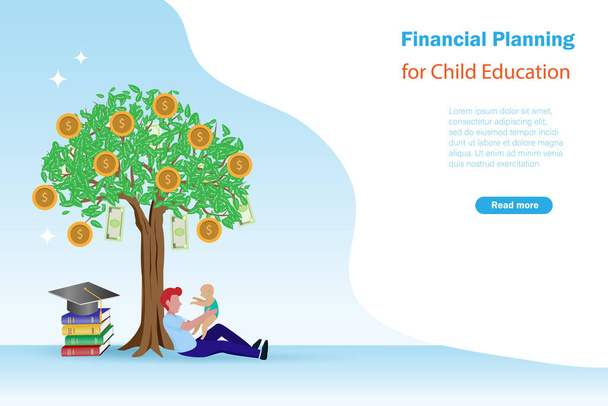 Financial investment for child education, money preparation and growth profit income concept. Father holding baby sitting under gold coins tree  - Vector, Image