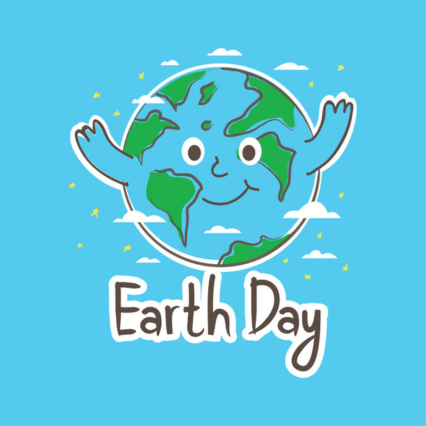 Симпатичная открытка Земного шара из мультфильма. Фон Дня Земли, Векторная карта Природы. Поздравительная открытка на день Земли с милой мультяшной Землей. Векторная иллюстрация - Вектор,изображение