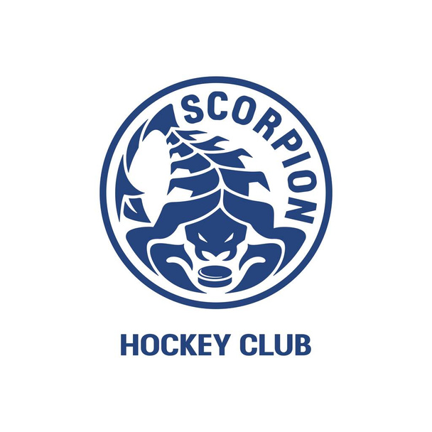 Логотип хокейного клубу Scorpion. Синій знак, символ, значок спортивної команди на білому тлі. Векторні ілюстрації
. - Вектор, зображення