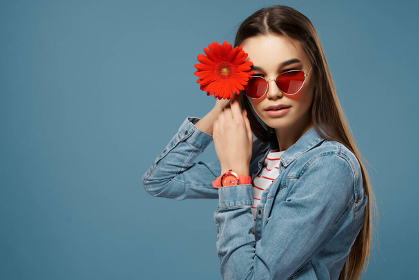 brunette wearing sunglasses red flower decoration luxury - Photo, Image
