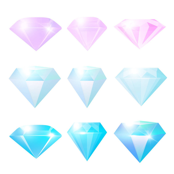 Diamanten Brillanten oder Glassteine Kollektion für Schmuckgeschäfte oder Game Design. Blaue und rosa Edelsteine Sammlung isoliert auf weißem Hintergrund. Edelsteine oder Kristallsymbole. Vektor EPS10 - Vektor, Bild
