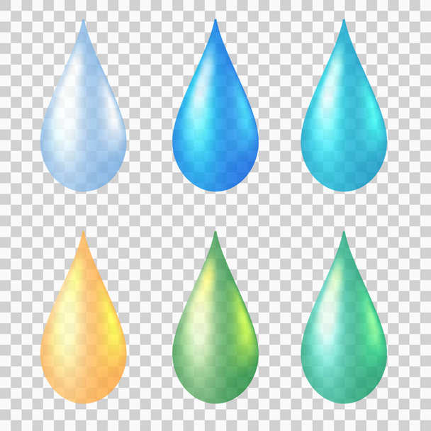 Set de gotas de agua aisladas sobre fondo transparente. Diferentes gotas de lluvia brillantes de color. Gotas realistas de aceite para productos naturales ecológicos, vitaminas, medicina, química. Ilustración vectorial EPS10 - Vector, imagen