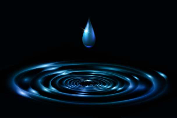 Fundo de gota de água isolado no fundo preto. Realistas ondas de água azul respingo superfície a partir da gota. Vetor círculo ondulação, shampoo líquido ou gel girar modelo de textura redonda. EPS10  - Vetor, Imagem