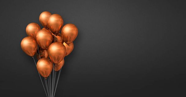 Copper balloons bunch on a black wall background. Horizontal banner. 3D illustration render - Foto, immagini