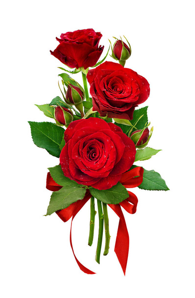 Romantic arrangement with red roses flowers and satin ribbon bow isolated on white background - Valokuva, kuva