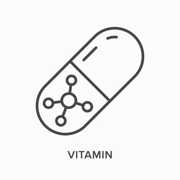 Icono de línea plana de vitamina. Ilustración del esquema vectorial de la cápsula. Pictograma lineal delgado negro para medicamentos - Vector, imagen