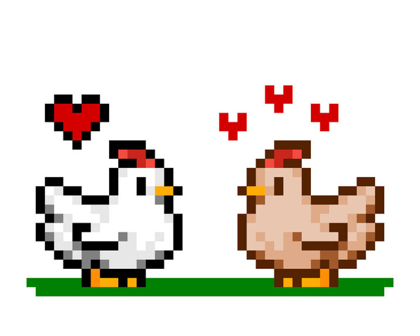 Image of a Pixel chicken in love. Pixel art vector illustration. - Vector, Image