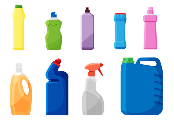 Set of detergent bottles or containers, cleaning supplies, washing powder icon. Vector illustration isolated on white background. Mock up or template of packages. Template icon. - Vector, Image