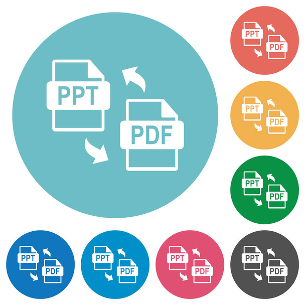 PPT PDF-bestand conversie platte witte pictogrammen op ronde kleur achtergronden - Vector, afbeelding