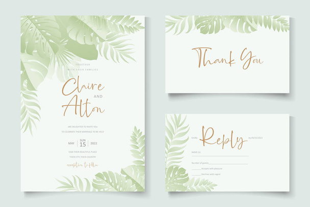 Дизайн приглашения на свадьбу с тропическим орнаментом из листьев - Вектор,изображение