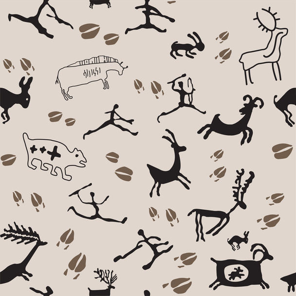 Cave Painting Hunters and Animals. Vector seamless silhouette wallpaper based on cave paintings. - Vector, Image