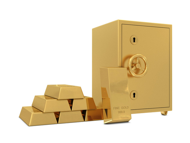 Altın Kiralık kasa ve beyaz arka plan üzerinde izole grup od altın barlar - Fotoğraf, Görsel