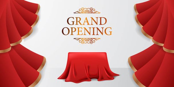 Elegant luxury grand opening poster banner with red silk curtain wave open with fabric cover box illustration with white background and golden text - Vector, Image