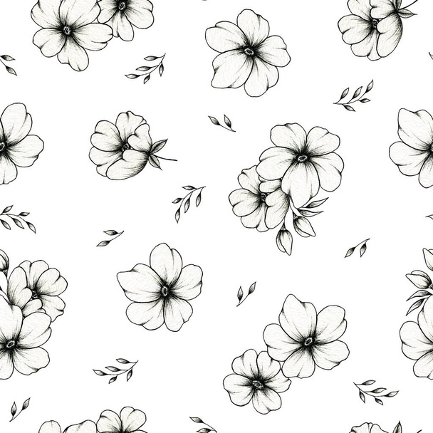 Seamless floral pattern design on white, black line drawing flowers, leaves and bouquet, graphic floral sketch illustration for wedding stationary, greetings, textile, fashion, wrapping paper - Fotografie, Obrázek