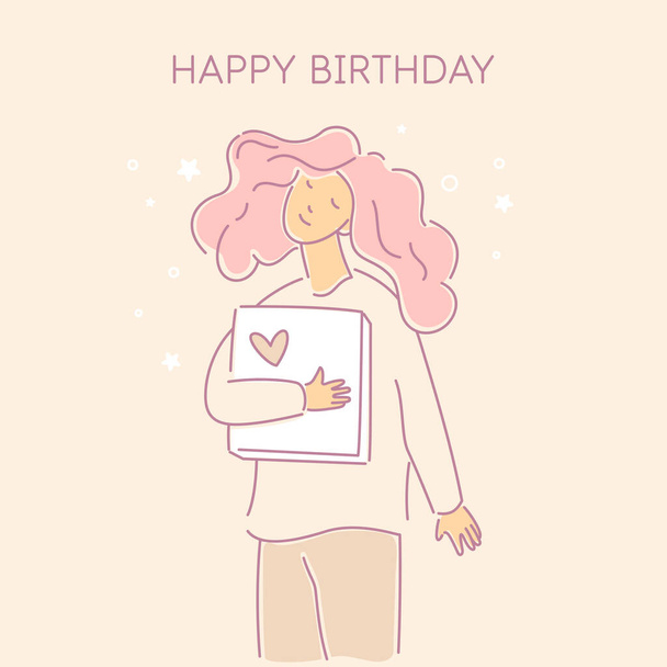 A young girl dressed in modern clothes holds a gift behind her back. Happy birthday poster. - Vector, Image