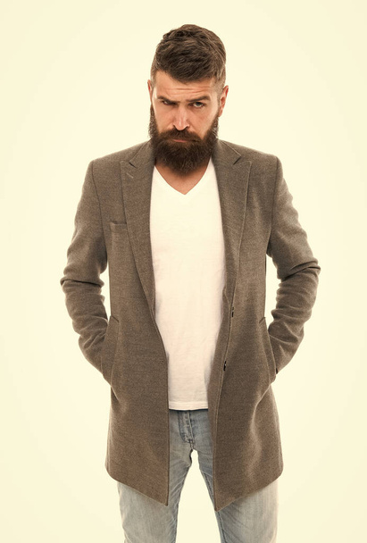 Casual outfit. Menswear and fashion concept. Man bearded hipster stylish fashionable jacket. Casual jacket perfect for any occasion. Feeling comfortable in natural fabric clothes. Simple and casual - Фото, изображение