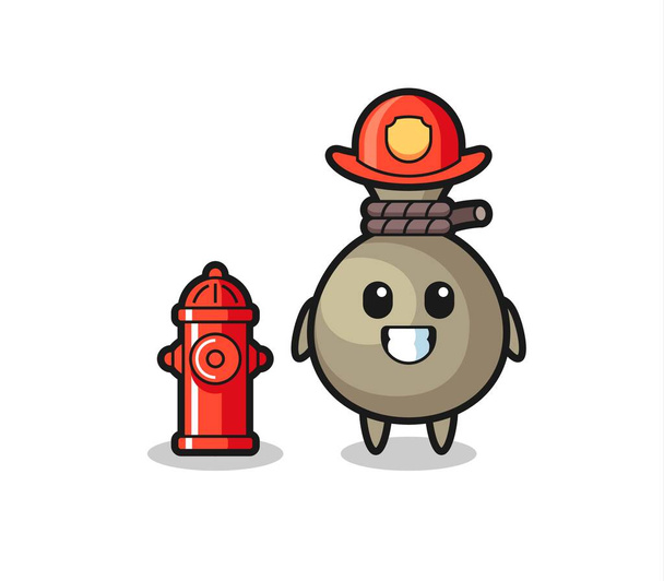 Personagem mascote de saco de dinheiro como um bombeiro, design de estilo bonito para t-shirt, adesivo, elemento logotipo - Vetor, Imagem