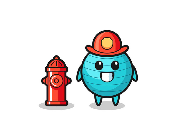 Mascot character of exercise ball as a firefighter , cute style design for t shirt, sticker, logo element - Vector, Image