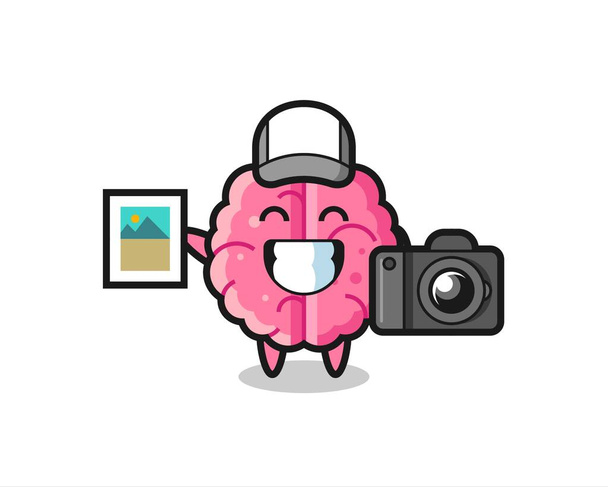 Χαρακτήρας Εικονογράφηση του εγκεφάλου ως φωτογράφος, χαριτωμένο σχεδιασμό στυλ για t shirt, αυτοκόλλητο, στοιχείο λογότυπο - Διάνυσμα, εικόνα