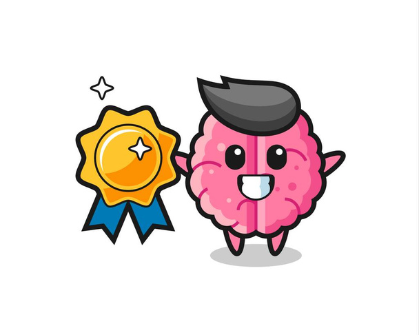 brain mascot illustration holding a golden badge , cute style design for t shirt, sticker, logo element - Vector, Image