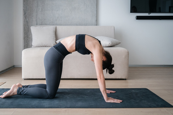 Side view of young woman in comfortable sportswear performing cat yoga position for good posture development during morning training routine at home. Healthy lifestyle and fitness concept - Photo, Image