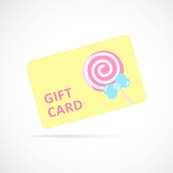 A Gift card. Yellow color. On the card there is an image of a pink lollipop with a bow. Vector illustration. - Вектор, зображення