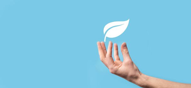 Hand in Hand mit grünen Blättern mit Symbolen Energiequellen für erneuerbare, nachhaltige Entwicklung. Ökologiekonzept. Technologie-Ökologiekonzept - Foto, Bild