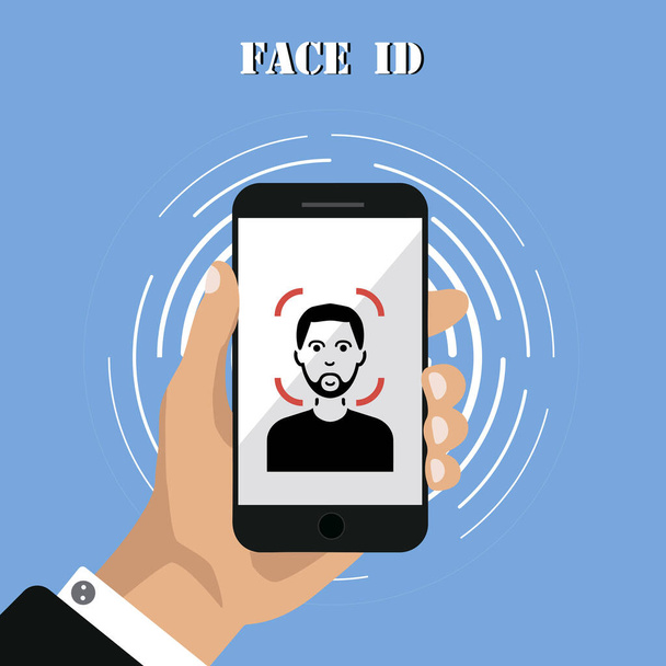  Рука тримає телефон з технологією ідентифікації обличчя на дисплеї. Процес сканування обличчя на екрані. Система розпізнавання обличчя. Виявлення та доступ до символів безпеки. Векторні ілюстрації
. - Вектор, зображення