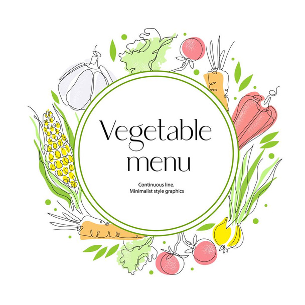 Vegetables are drawn with a single line. Round composition. Vegetarian menu. - Vetor, Imagem