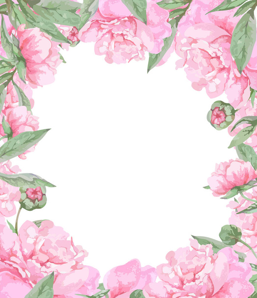 Cornice di peonie rosa fiorite con boccioli e foglie. Design romantico per biglietti, inviti. - Vettoriali, immagini