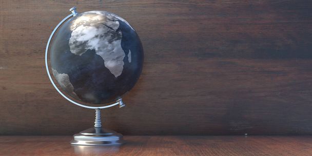 Школьная планета Земля на столе, модель сферы карты мира на металлическом подставке, фон стола деревянного студента. Принято. География, образование. Картографический шаблон. 3d иллюстрация - Фото, изображение