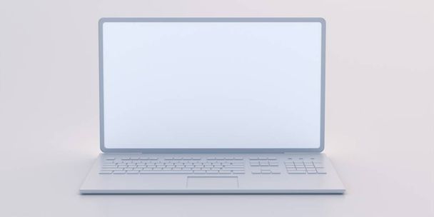 Ноутбук відкритий з порожнім екраном ізольовано на білому тлі. Портативний ноутбук ПК, шаблон презентації, реклама макетів. Вид спереду, місце для копіювання. 3d ілюстрація
 - Фото, зображення