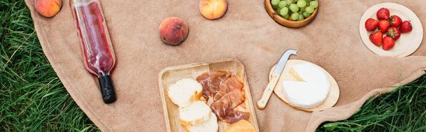 Top view of delicious cheese, wine and fruits on picnic blanket, banner  - Foto, Imagen