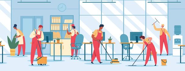 Office cleaning. Team of professional cleaners mopping floor, vacuuming, wiping window. Janitors in uniform clean office vector illustration - Vector, Image
