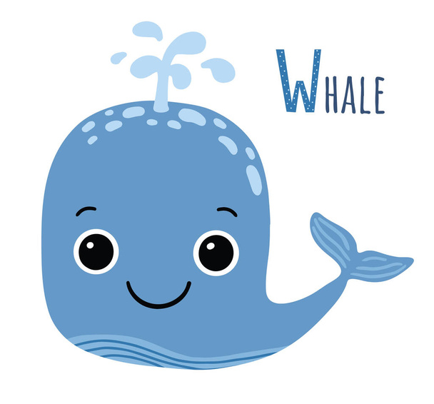Cute blue whale with sign. W letter learning. Cartoon style. Vector isolated on white background. - Вектор,изображение